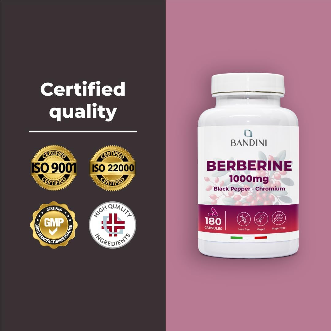 Bandini® Berberine 1000Mg Pure High Dosage | 180 Vegan Capsules - Pure Berberin HCL from Berberis Aristata 97% + Chromium and Black Pepper | Maximum Absorption - Digestive, Liver, Intestinal Function