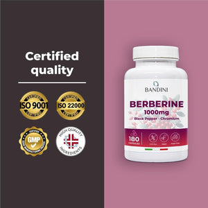 Bandini® Berberine 1000Mg Pure High Dosage | 180 Vegan Capsules - Pure Berberin HCL from Berberis Aristata 97% + Chromium and Black Pepper | Maximum Absorption - Digestive, Liver, Intestinal Function