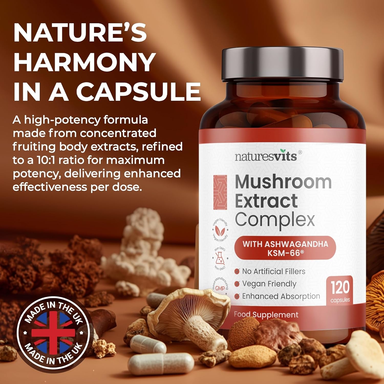 4000Mg 6 Mushroom Complex with Ashwaghandha KSM-66, Lions Mane, Cordyceps, Shiitake, Reishi, Chaga and Maitake, 120 Capsules, 2/Day Focus and Brain Support Herbal Nootropic - 40% Polysaccharides