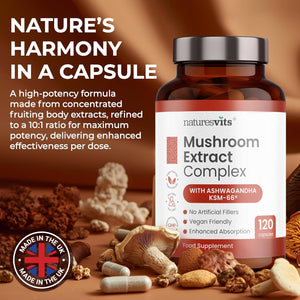 4000Mg 6 Mushroom Complex with Ashwaghandha KSM-66, Lions Mane, Cordyceps, Shiitake, Reishi, Chaga and Maitake, 120 Capsules, 2/Day Focus and Brain Support Herbal Nootropic - 40% Polysaccharides