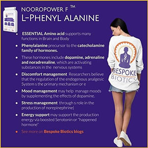 L-Phenylalanine 1000Mg LPA 120 Capsules Free Form (Vegan) No Additives for Mood Booster, Memory, Attention, Natural Pain Relief, Vitiligo, Thyroid NOOROPOWER-F GMP Standards | Bespoke Biotics