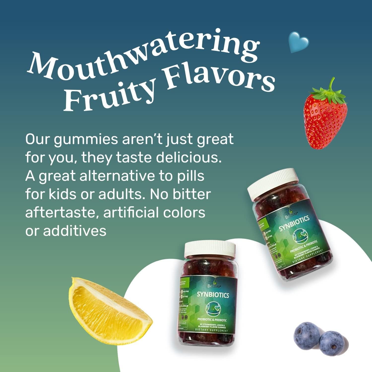 Probiotic + Prebiotic Fiber Gummies Sweetened with Stevia and Tapioca - Suitable for Kids & Adults, for Better Gut Health, High Potent Probiotics & Fiber - 60 Strawberry, Lemon, Blueberry Gummy