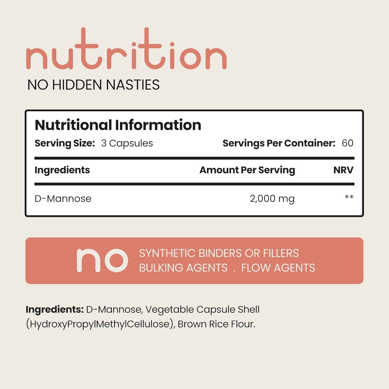 Vitabright D-Mannose Capsules | 2000Mg per Day | 180 Capsules | 2 Month Supply | High-Strength Alternative to Cranberry Tablets | Mix D Mannose Powder into Drinks | Pure Clean Formula