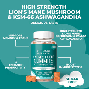 Lion'S Mane Mushroom & Ashwagandha KSM-66 Gummies - 4300Mg High Strength Supplement - 60 Sugar-Free & Vegan Gummies - with Zinc, B6 & B12 - for Calming, Mental Performance, and Nervous System Support