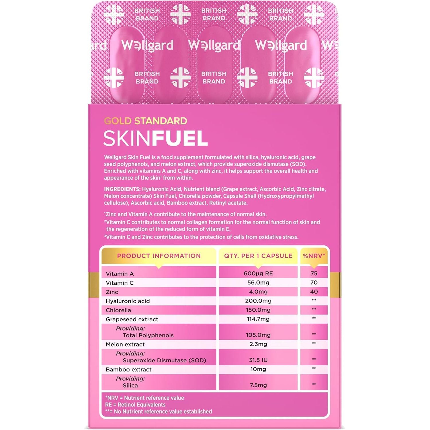 Wellgard Skin Fuel - Hyaluronic Acid, Bamboo Silica, Vitamin C, Zinc, Collagen Support, Vitamins for Skin, Vegan, 30 Capsules