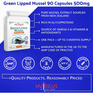 Nutrilus Green Lipped Mussel 90 Capsules 500Mg - for Humans & Dogs - High Grade Pure Extract - New Zealand Sourced - Vitamin C - UK Made Supplement - Joint Support