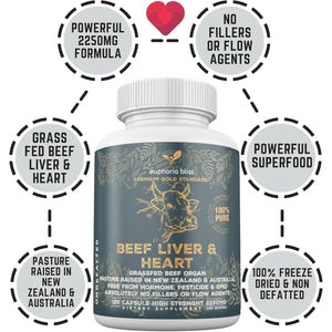 Grass Fed Desiccated Beef Liver & Heart Capsules 2250Mg (120 Pills, 750Mg Each) – Coq10 - Energy - Digestion – Heart - Detoxification Non-Gmo - Freeze Dried - Pasture Raised Undefatted in New Zealand