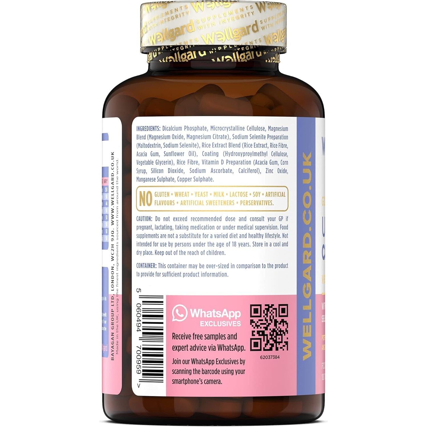 Wellgard Vegan Calcium Magnesium Zinc and Vitamin D Capsules - Calcium Supplement, Calcium Tablets with Phosphorus, Manganese, Selenium, Copper, Made in UK