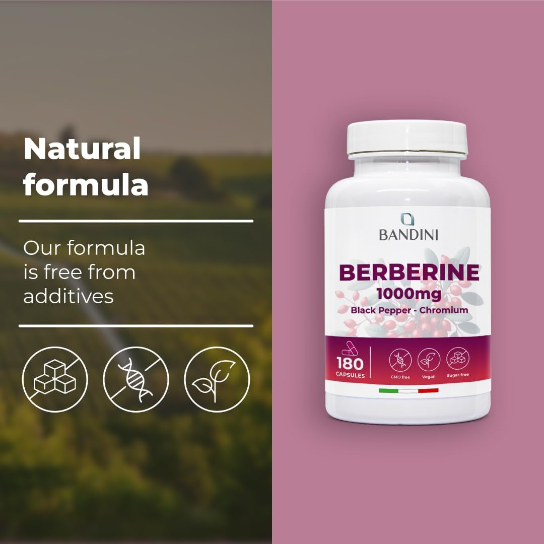 Bandini® Berberine 1000Mg Pure High Dosage | 180 Vegan Capsules - Pure Berberin HCL from Berberis Aristata 97% + Chromium and Black Pepper | Maximum Absorption - Digestive, Liver, Intestinal Function