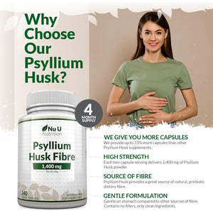 Psyllium Husk Fibre Supplement - 1400Mg per Serving - 240 Vegan Capsules - Natural Soluble Prebiotic Fiber from Plantago Ovata Seeds - Made in the UK - Nu U Nutrition