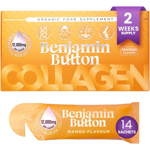 Benjamin Button Marine Collagen Liquid Sachet W/Hyaluronic Acid & Vitamin C | for Hair, Skin, Nails & Joints | 12,000Mg High Strength Hydrolysed Collagen (Mango, 14X Sachets)