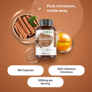 Organic Cinnamon Capsules 1000Mg - 180 Vegan Capsules - 3 Months Supply - Ceylon Cinnamon Powder - Soil Association Certified Supplement - GMO & Gluten Free