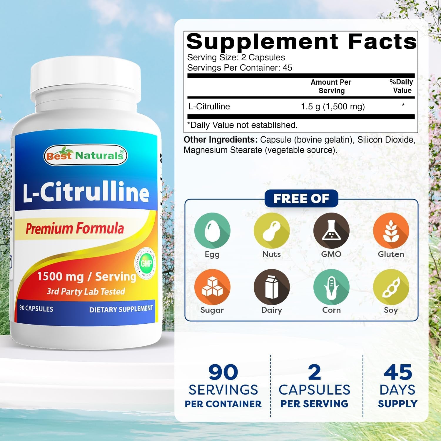 Best Naturals L-Citrulline Capsules - 1500Mg/Serving - Non-Gmo - Gluten Free - 90 Capsules (90 Count (Pack of 1))