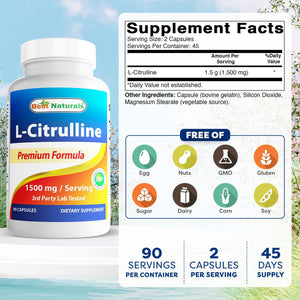 Best Naturals L-Citrulline Capsules - 1500Mg/Serving - Non-Gmo - Gluten Free - 90 Capsules (90 Count (Pack of 1))