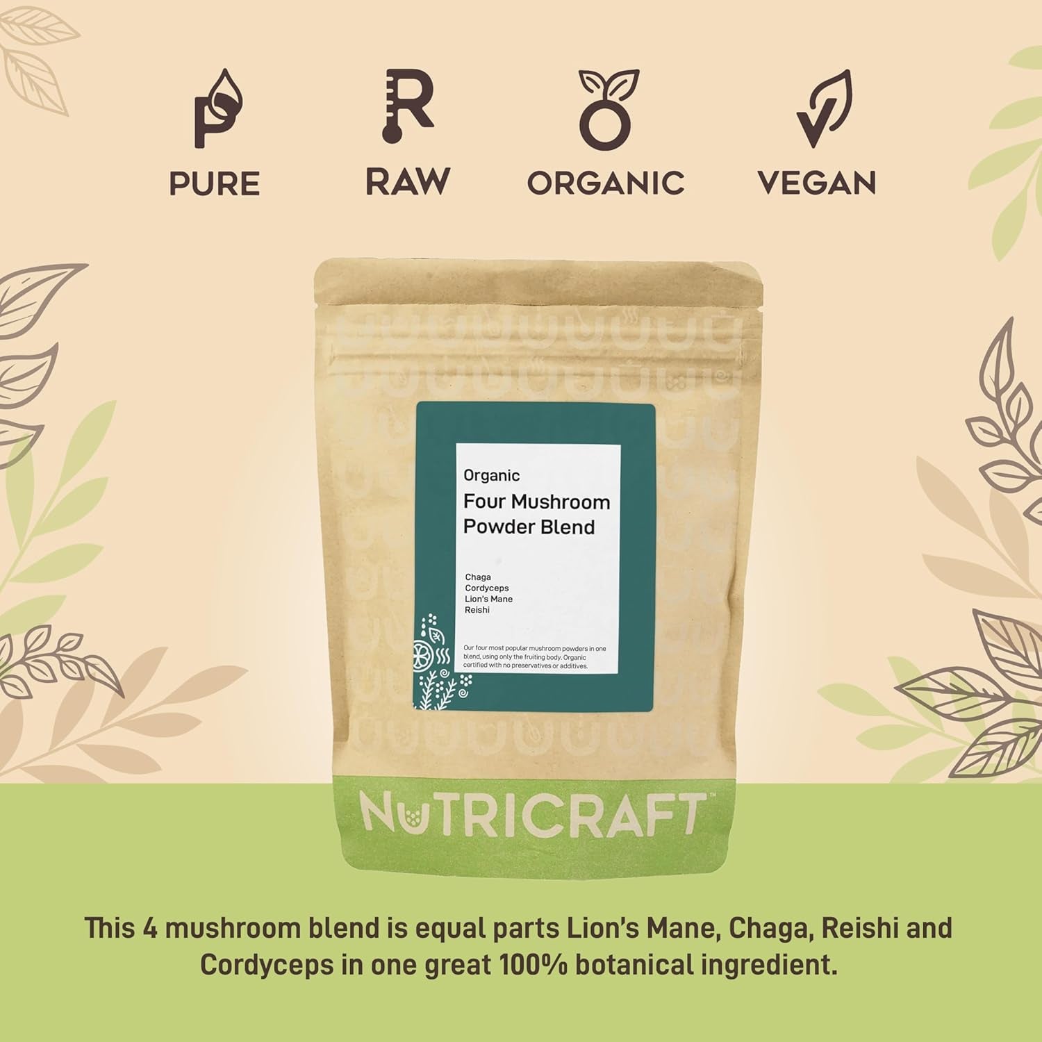 Nutricraft Organic Four Mushroom Blend Powder - 500G - Lion'S Mane, Reishi, Cordyceps, Chaga, Vegan, Immune Support, Energy & Brain Health, No Additives or Preservatives