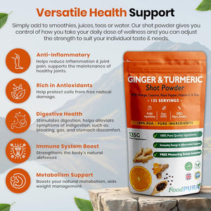 Foodpura 135G Ginger & Turmeric Shot Drink Powder 135 Servings with Orange Cayenne Black Pepper Vitamin C & Zinc 100% RDA Natural Supplement No Added Sugar Immunity Energy & Inflammation Support