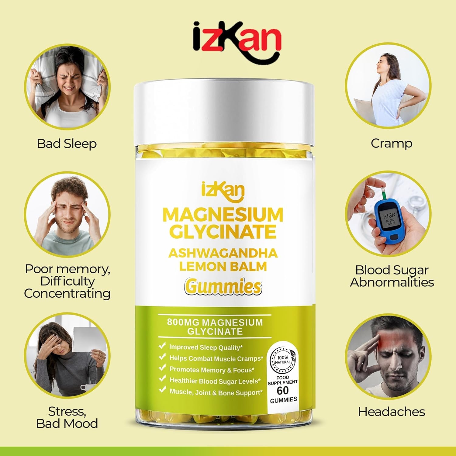 Magnesium Glycinate Gummies 800Mg - Sugar Free Magnesium Supplement with Ashwagandha, Lemon Balm Extract & Coq10 for Calm Mood & Muscle, Sleep Support - 60 Gummies (Pineapple Flavor) (1)