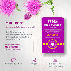 HRI Milk Thistle 30 Tablets - to Relieve Symptoms Associated with over Indulgence of Food and Drink Such as Indigestion and Upset Stomach. 300 Mg of Milk Thistle Extract. 1 Pack