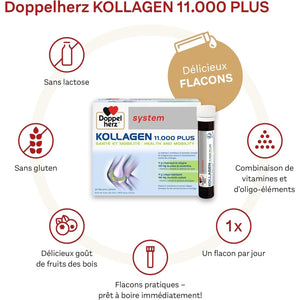 Doppelherz - Kollagen 11000 plus - Collagen Hydrolysate, Chondroitin Sulphate, Vitamins C and D and Trace Elements - for Bones, Cartilages and Tendons - Wild Berry Flavour Liquid- 30 Bottles of 25Ml