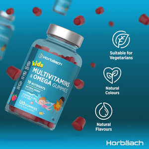 Kids Multivitamin Omega 3 6 9 Gummies | 120 Count | 19 Nutrients with Vitamin A, B12, C, D and Zinc | Natural Berry Flavour | Vegetarian Friendly Formula | by Horbaach