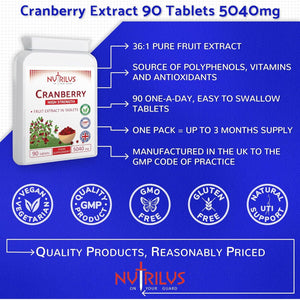Nutrilus Cranberry Extract 90 Tablets 5040Mg - High Strength - One Daily - UTI Prevention - Urinary Tract, Bladder Support