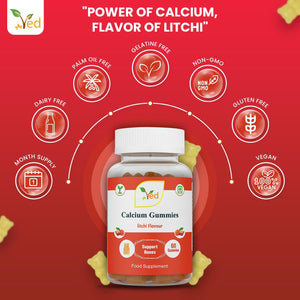 Ved Calcium Gummies; Chews Litchi Flavour, Calcium & Vitamin D Gummies, Vegetarian Vegan Health Supplement - 60 Chews 30 Days’ Supply