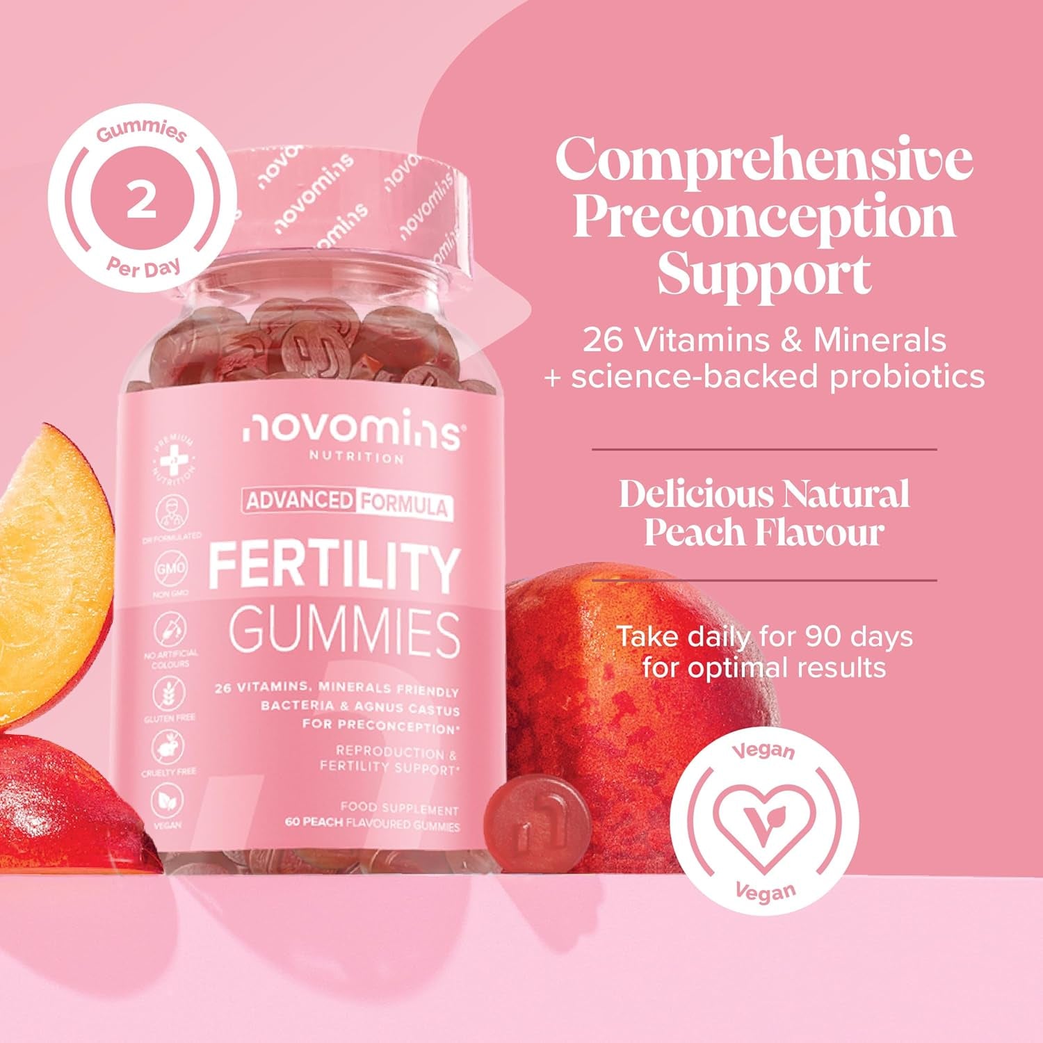 Fertility Supplements for Women - 400Ug Folic Acid, Inositol, Vitamin D, C, E, Coq10-25 Prenatal Vitamins - Vegan & Gluten Free Conception Vitamins for Women - 60 Fertility Gummies - Novomins