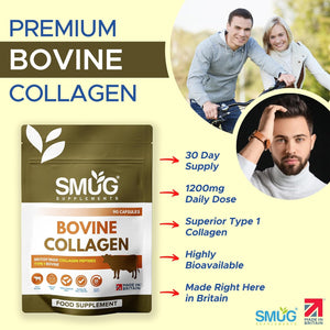 Bovine Collagen British Made by SMUG Supplements - 90 Capsules - Type 1 Peptides - 1200Mg Daily Serving of Collagen Powder in Three-A-Day Capsules - 30 Day Supply - Suitable for Both Men and Women