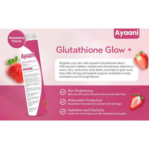 Ayaani Glutathione Glow+ 1200Mg - Effervescent Beauty Tablets with Vitamin C, Hyaluronic Acid & Alpha Lipoic Acid - Skin Brightening & Antioxidant Support - Strawberry Flavour - 20 Tablets