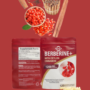 Premium Berberine HCL 1200Mg, 120 Capsules - plus Pure True Ceylon Cinnamon, Berberine HCI Root Supplements Capsules - Immune System, Healthy Weight Management
