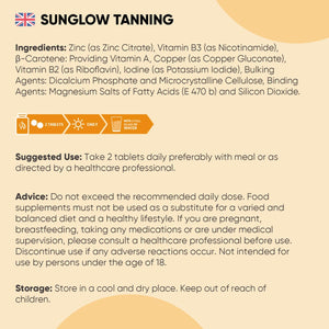 Tanning Tablets - 120 Sunglow Tablets - Beta Carotene Tanning with Vitamin B2 & B3, Zinc, Copper & Iodine - Gluten-Free & Non-Gmo - Made in the UK