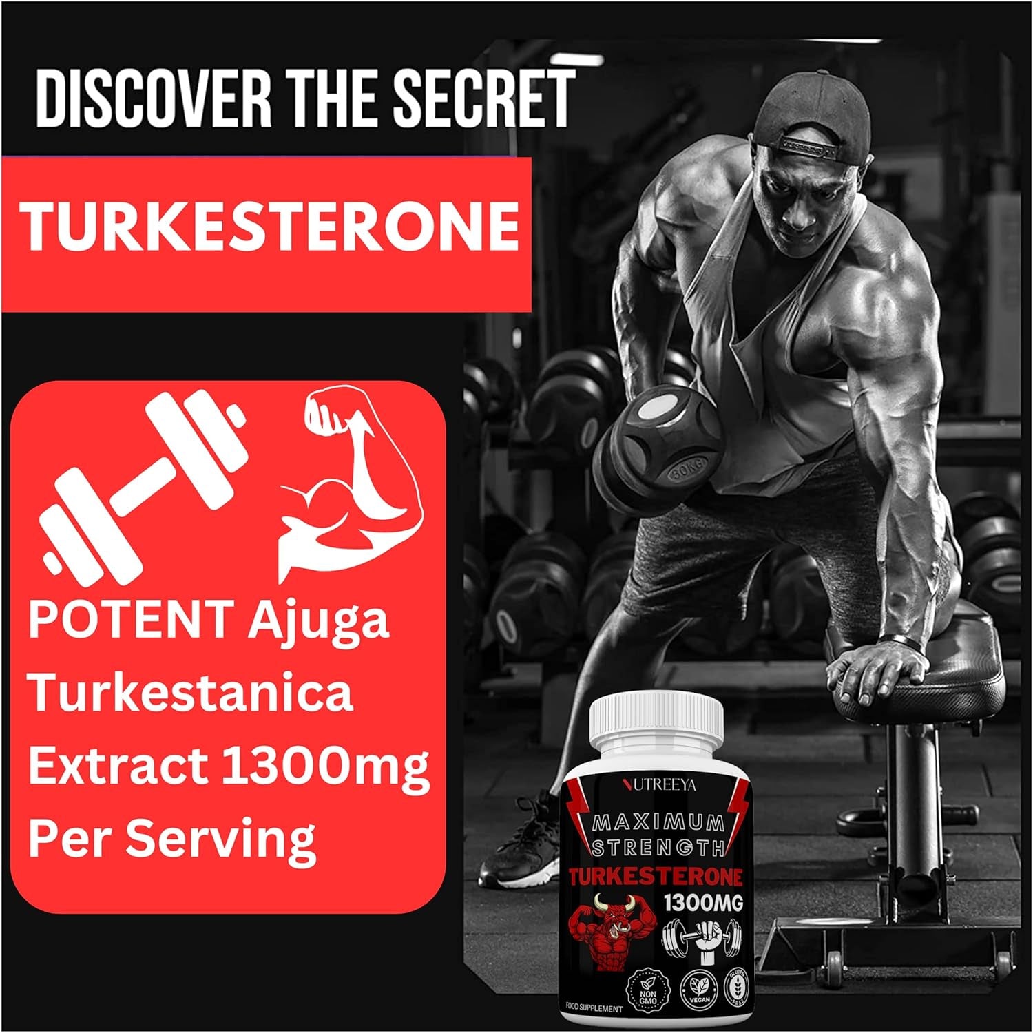 Turkesterone -1300Mg Max Strength Ajuga Turkestanica Extract, Vegan, Gluten Free, (Not Turkesterone Capsules) (Pack of 1 (60 Pills))