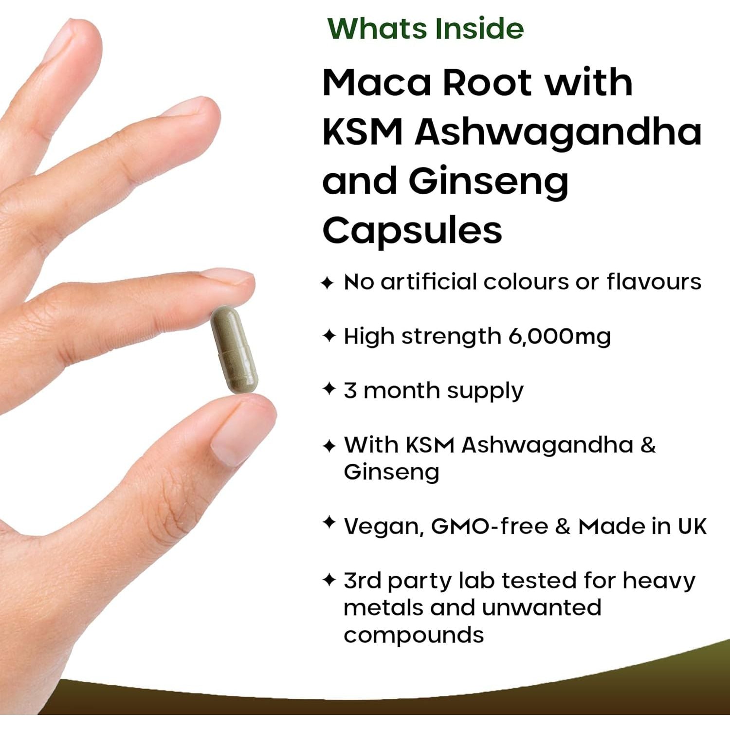 Maca Root Capsules with KSM Ashwagandha and Ginseng - 180 High Strength 6000Mg Maca Root + Ashwagandha KSM-66, Panax Ginseng & Black Pepper - Vegan Capsules Made in the UK