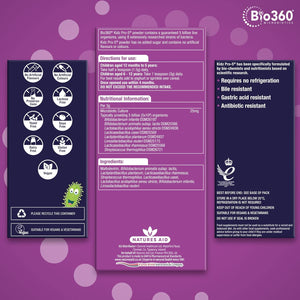 Natures Aid Bio360 Kidz Pro-5 Daily Microbiotic Powder 90G for Children 12 Months to 12 Years - 5 Billion Friendly Bacteria - Supports Digestive Health & Immunity Sugar Free Vegan Non-Gmo Gluten-Free