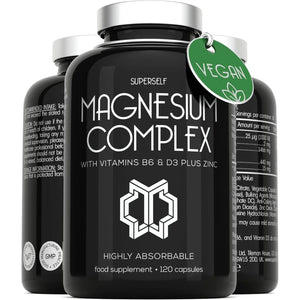Magnesium Complex 1466Mg - Magnesium and Zinc Supplements with Vitamin D3 & B6 - Premium Supplements for Women & Men - High Strength Chelated Citrate Tablets - 120 Capsules - Vegan & UK Made