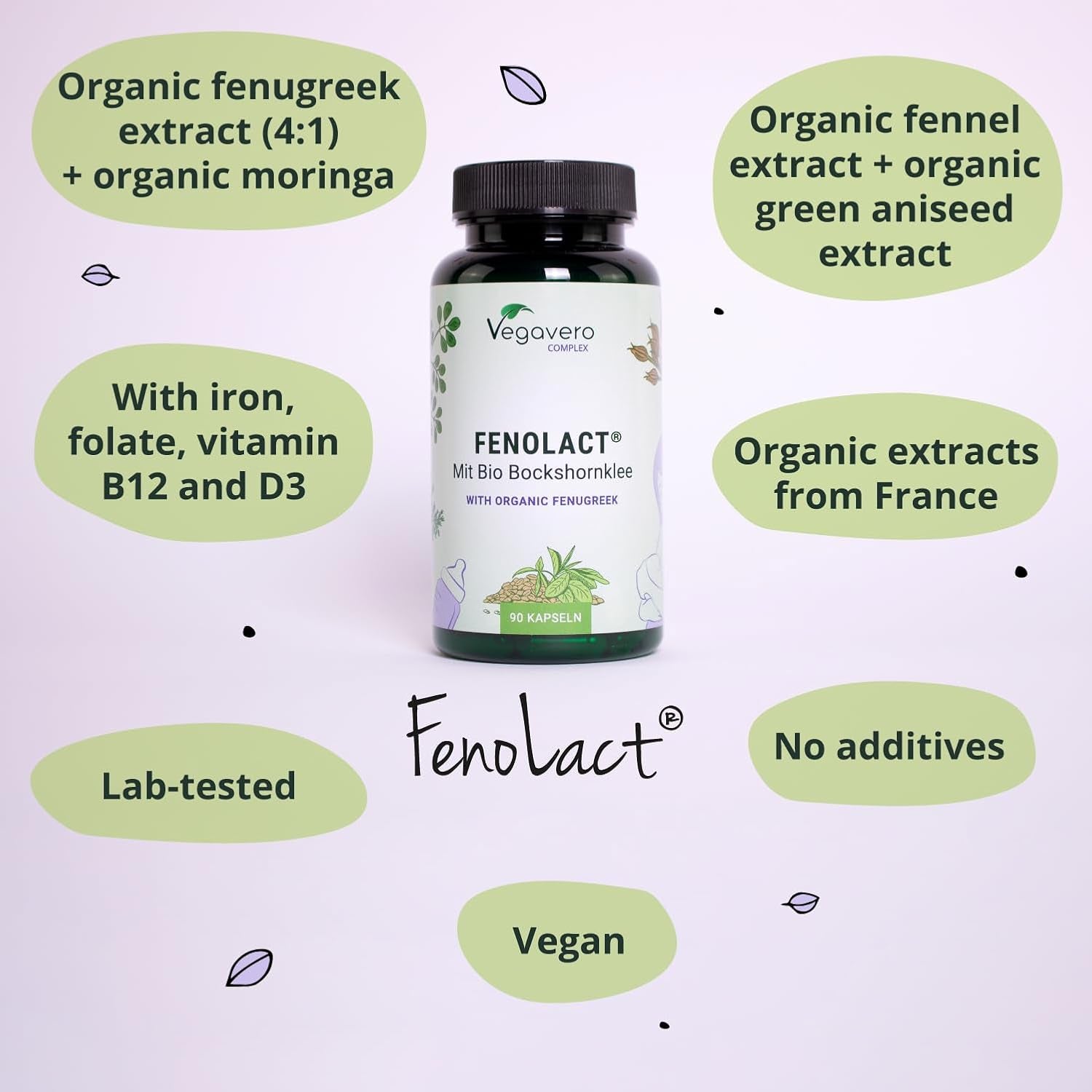 Vegavero Lactation Supplement | Breastfeeding Vitamins | Organic Fenugreek, Iron, Folic Acid and Vitamin D | NO Additives | 90 Capsules | Vegan