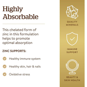 Solgar Chelated Zinc Tablets - Pack of 100 - Healthy Skin, Hair and Nails - Potent Antioxidant - Vegan
