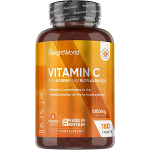 Vitamin C Tablets 1000Mg - 180 Tablets - 6 Months Supply - Added Rosehips & Bioflavonoids - Vegan, Gluten-Free & Non-Gmo - VIT C Supplement (As Ascorbic Acid) - 1 per Day - Made in the UK