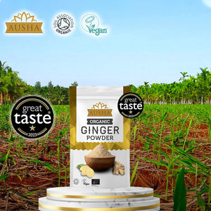 Ausha Organic GINGER POWDER 250G - UK Certified Orgainic by Soil Association -1* GREAT TASTE AWARD 2023 -Use in Ginger Shot, Cooking - Immunity, Digestion - Ground Ginger Root Tea