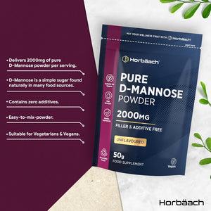 D Mannose Pure Powder 50G | 2000Mg | Unflavoured | Natural & Filler Free | Vegetarian & Vegan Friendly | High Strength Food Supplement | by Horbaach