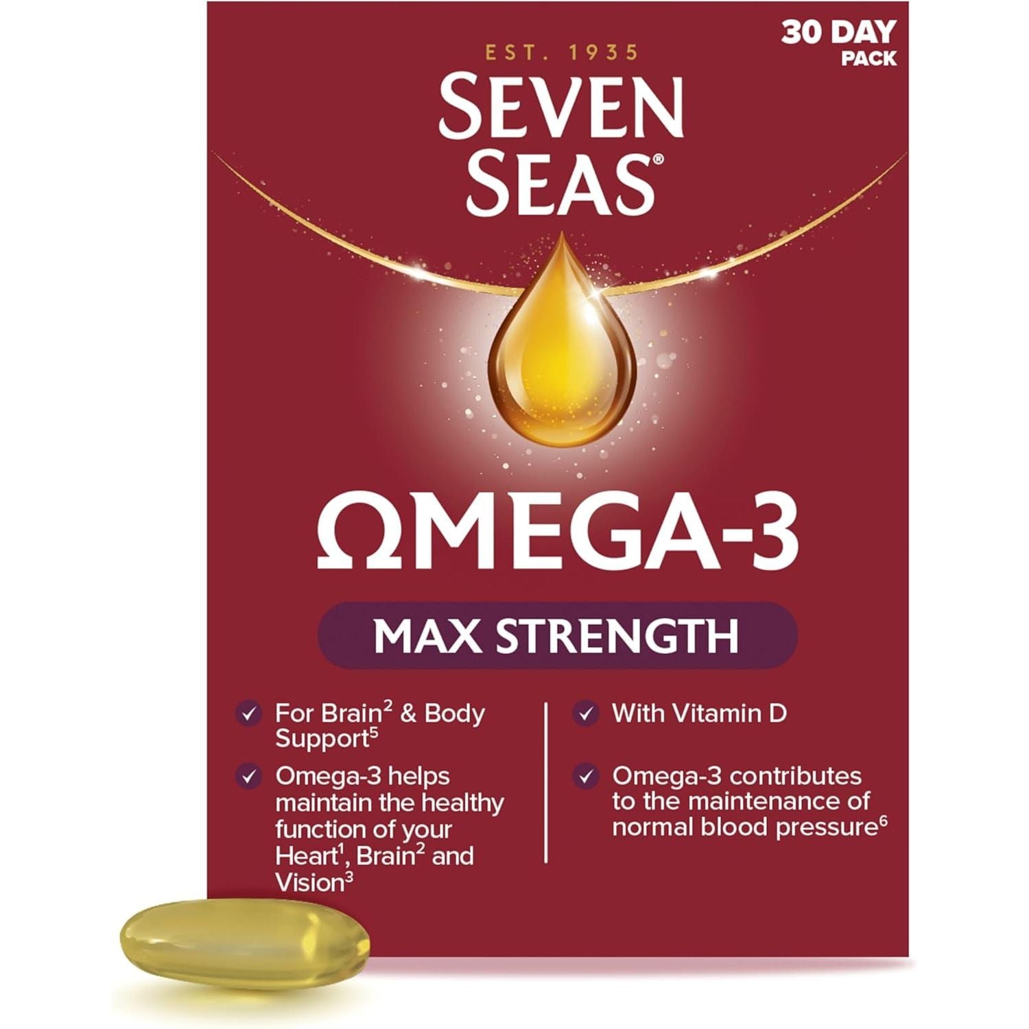 Seven Seas Omega-3 Fish Oil, Max Strength with Omega 3 and Vitamin D for Brain² and Body, 30 Capsules