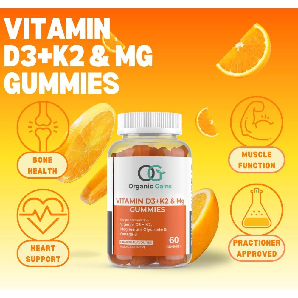 OG Vitamin D3 + K2, Magnesium Glycinate & Omega-3 Gummies | Vegan, Halal, Gluten-Free | Supports Strong Bones, Heart Health, Immune System, Joints & Better Sleep | Orange Flavor, 60 Gummies