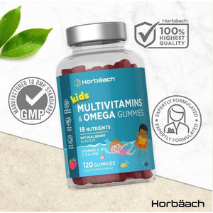 Kids Multivitamin Omega 3 6 9 Gummies | 120 Count | 19 Nutrients with Vitamin A, B12, C, D and Zinc | Natural Berry Flavour | Vegetarian Friendly Formula | by Horbaach