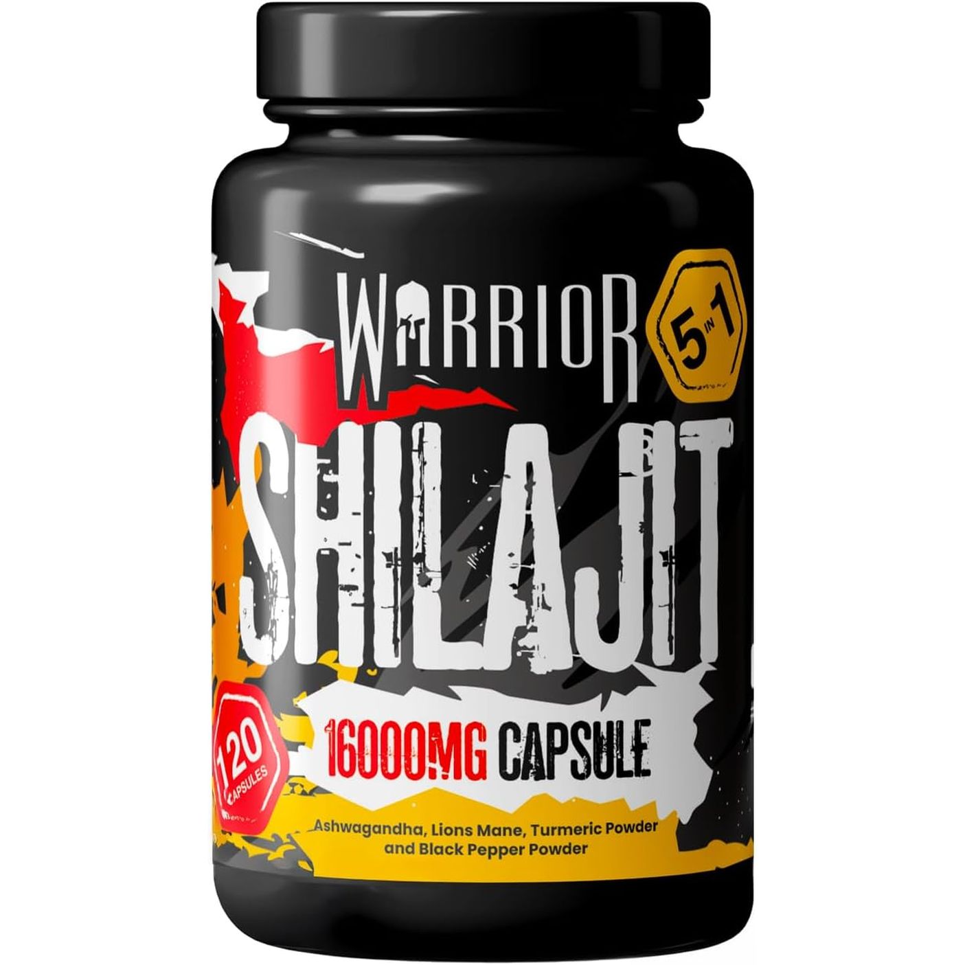 Warrior SHILAJIT Capsules (120 Capsule and Servings) – 5 in 1 Supplement (Not Resin) – 16000Mg Pure Organic Extract – Includes Ashwagandha, Lions Mane, Turmeric & Black Pepper