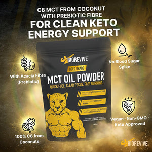 Biorevive C8 MCT Oil Prebiotic Powder Ketogenic Supplement with Responsibly Sourced Coconut & Acacia Fibre for Gut Health, Focus & Energy – Pure Caprylic Acid C8 Formula, 180G