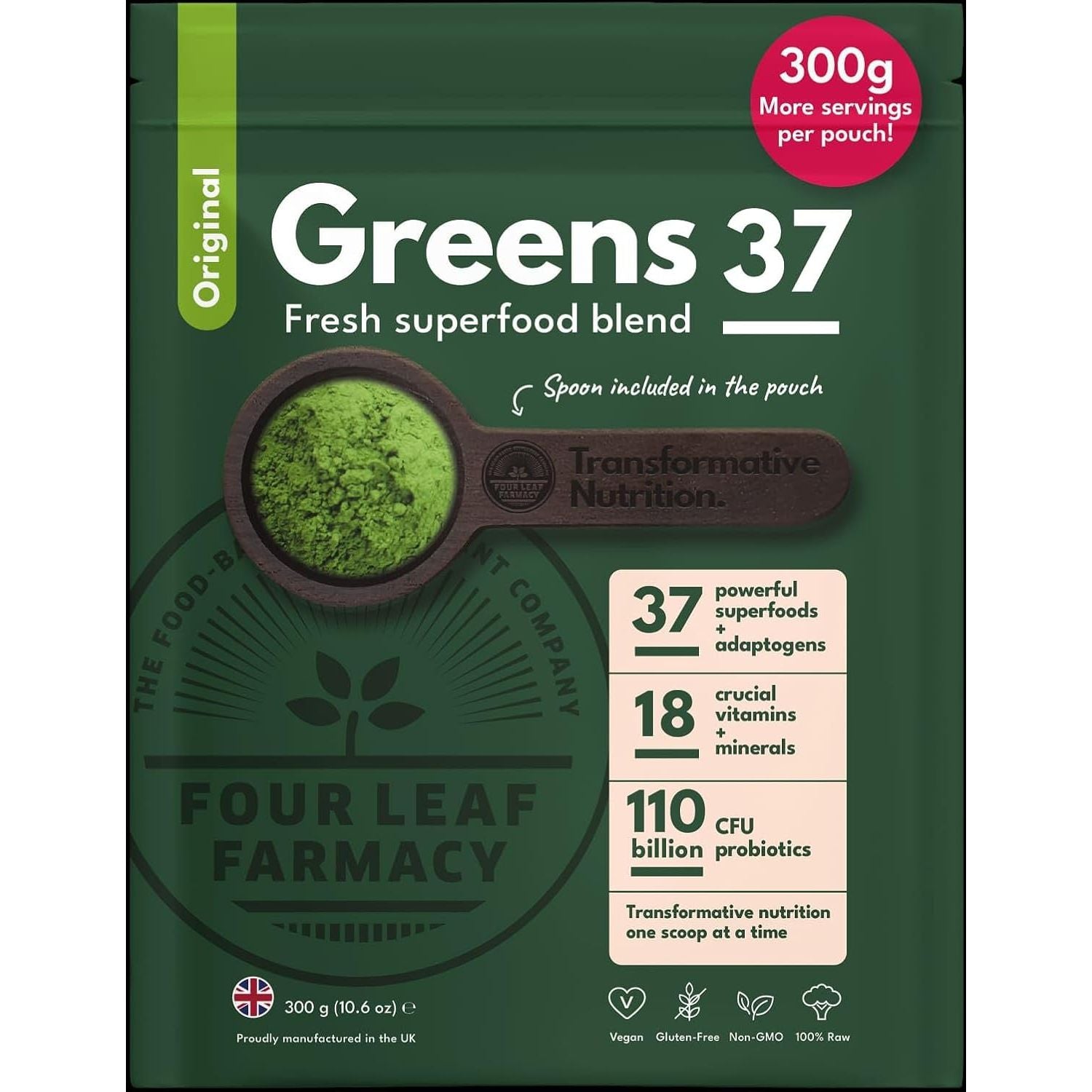 Greens Powder - Made in UK with 37 Superfoods - 300G High Dosage Servings - Vegan Gluten Free Greens Powder- Daily Vitamins, Probiotics for Gut Health - with KSM-66® Ashwagandha and Lions Mane