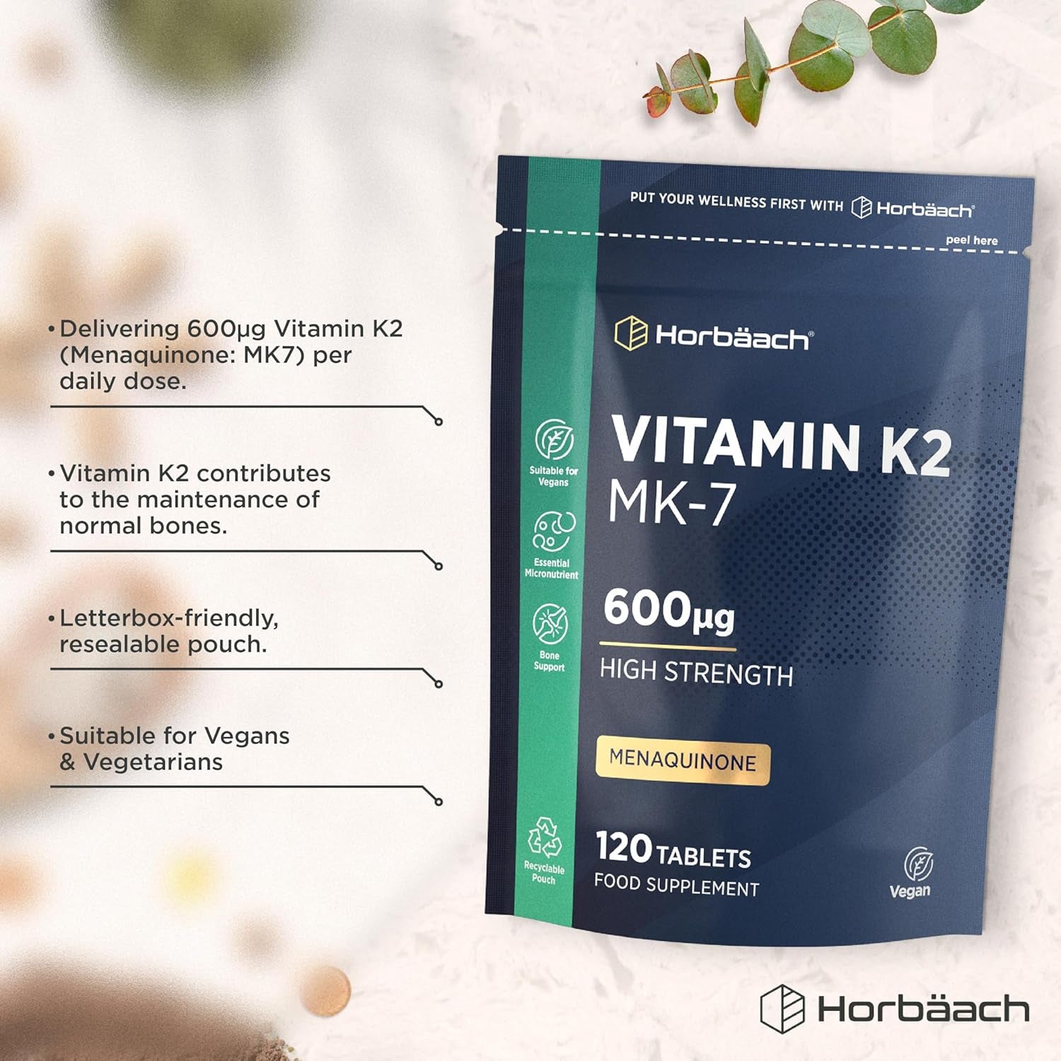 Vitamin K2 MK7 600Mcg | 120 Tablets | High Strength Vitamin K2 Menaquinone MK-7 Supplement | Suitable for Vegans | Letterbox Friendly Packaging | by Horbaach