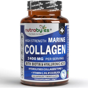 High Strength Marine Collagen 2400Mg with Hyaluronic Acid 100Mg, Biotin, Vitamin C, D3, B12 and Silica - 120 Capsules - High Strength Hydrolysed Marine Collagen for Men and Women, Made in UK