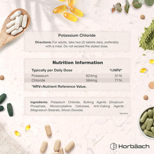 Potassium Supplement High Strength 1200Mg | 180 Vegan Tablets | 624Mg of Potassium & 564Mg of Chloride | Suitable for Vegans & Vegetarians | by Horbaach