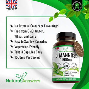 D-Mannose 180 Capsules - Max Strength 1500Mg per Serving - Precision Dmannose - Vegetarian Capsules Not Tablets or Pills, Made in the UK (180 Count (Pack of 1))